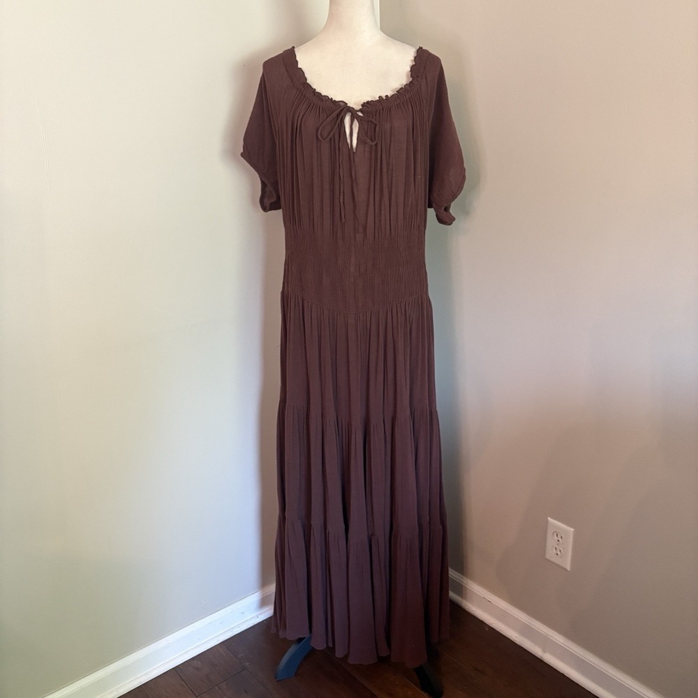 VTG Newport News Brown Cotton Crinkle Boho Tiered Maxi Dress 22W Plus EUC Y2K